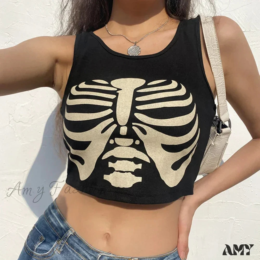 Crop Head Punk Black Sexy Grunge Top O-Neck Sleeveless Summer Knitted Goat Print Goth Black1 / S