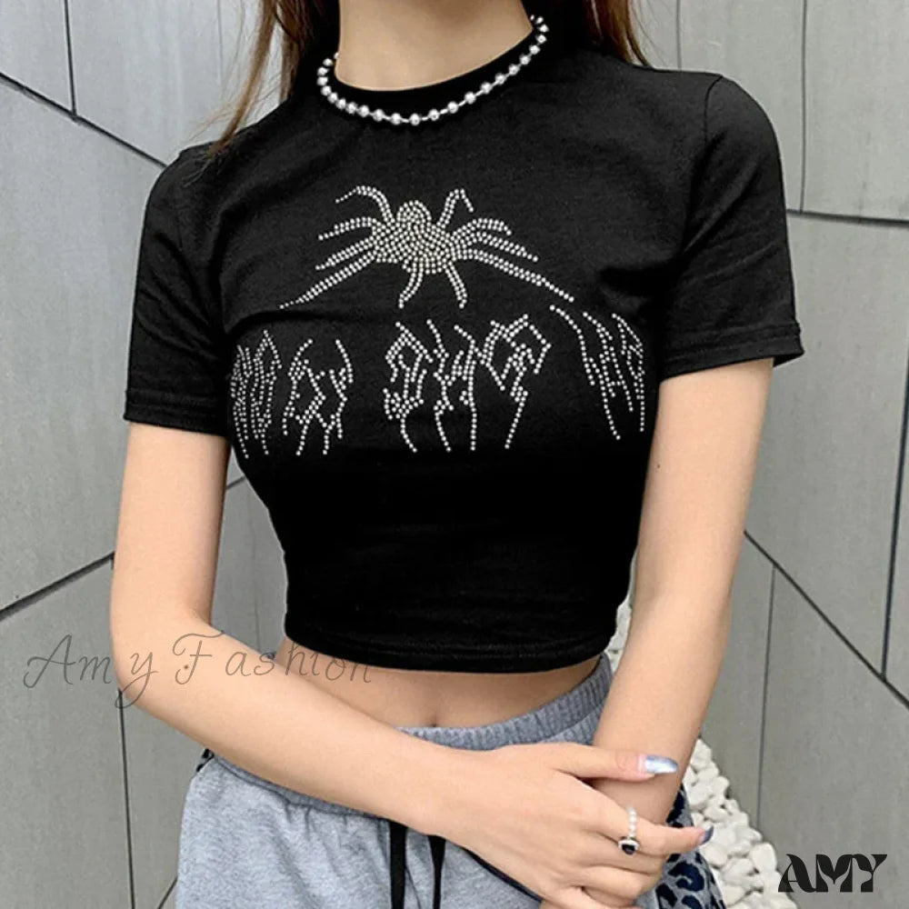 Crop Head Punk Black Sexy Grunge Top O-Neck Sleeveless Summer Knitted Goat Print Goth Black3 / S