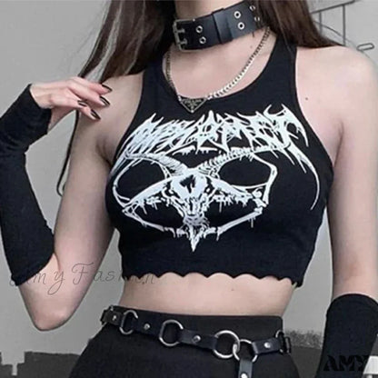 Crop Head Punk Black Sexy Grunge Top O-Neck Sleeveless Summer Knitted Goat Print Goth / S