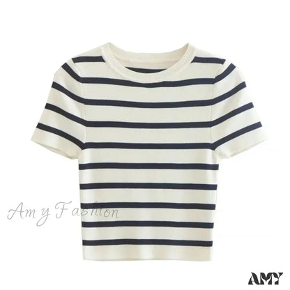 Crop Knit Striped Autumn Winter Short Sleeve Top