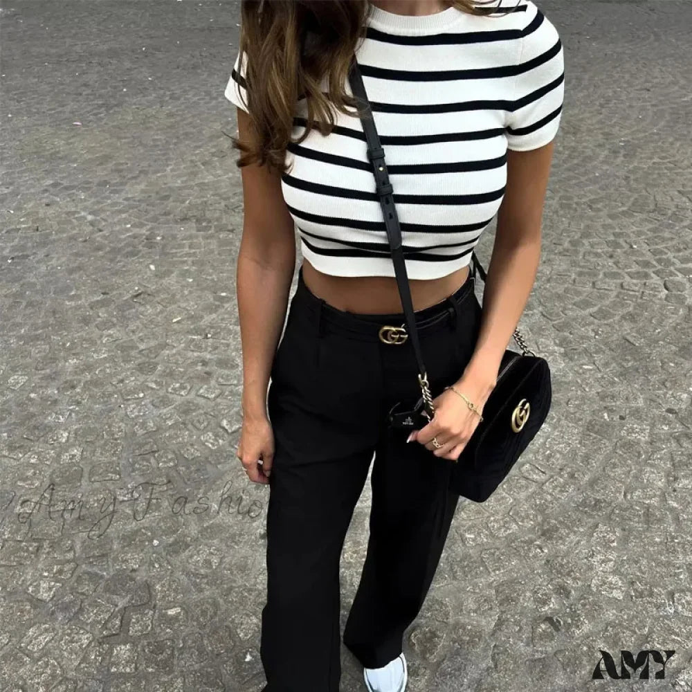 Crop Knit Striped Autumn Winter Short Sleeve Top