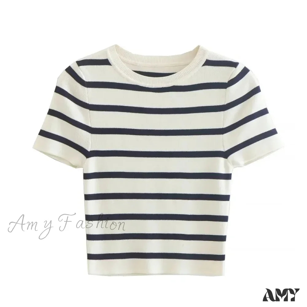 Crop Knit Striped Autumn Winter Short Sleeve Top Black / S