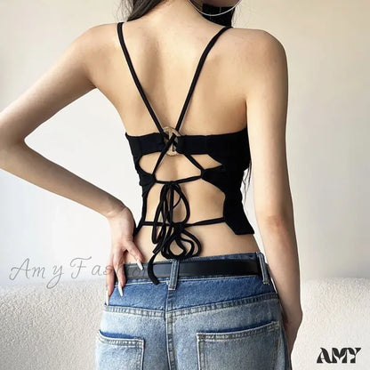 Crop Lace Y2K Top Backless Hollow Up Gothic Black Out