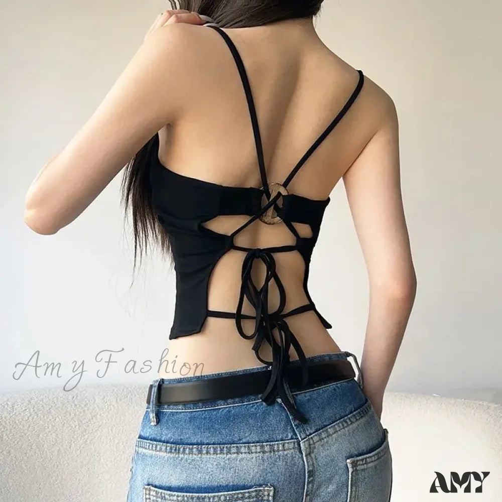 Crop Lace Y2K Top Backless Hollow Up Gothic Black Out / S