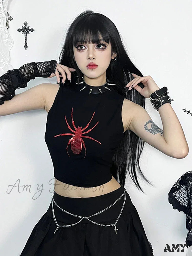 Crop Print Gothic Sleeveless Alt Spider Punk Top Graphic Black / S