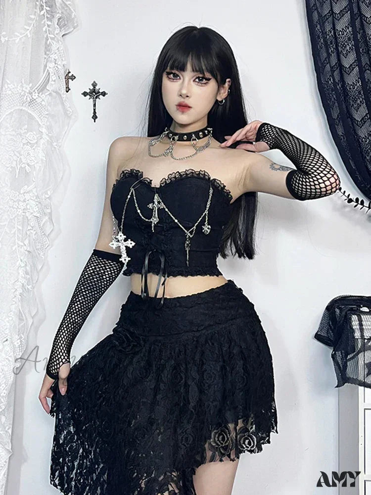 Crop Sexy Grunge Strapless Girl Harajuku E Top Gothic Black / S