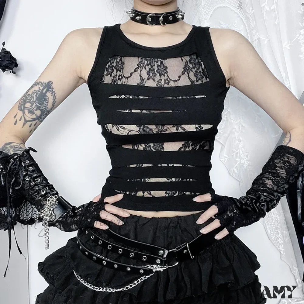 Crop Splice Cut Grunge Punk Lace Out Sexy Bodycon Top Dark Gothic Mall Techwear