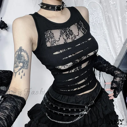 Crop Splice Cut Grunge Punk Lace Out Sexy Bodycon Top Dark Gothic Mall Techwear