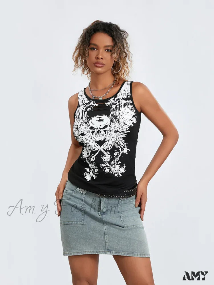 Crop Summer Goth Running Tank Sleeveless Top Fairy Hollow-Out Print Grunge Skull