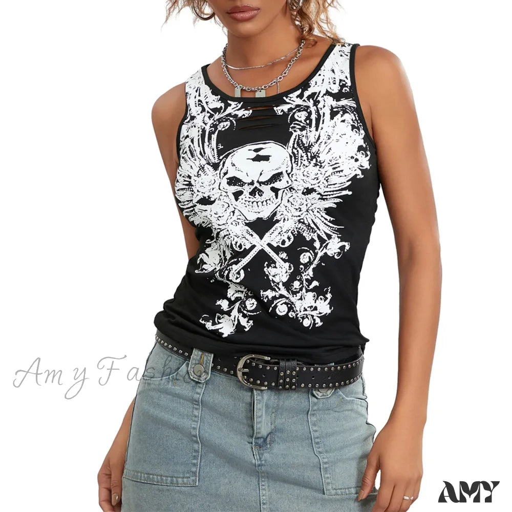 Crop Summer Goth Running Tank Sleeveless Top Fairy Hollow-Out Print Grunge Skull Black / S