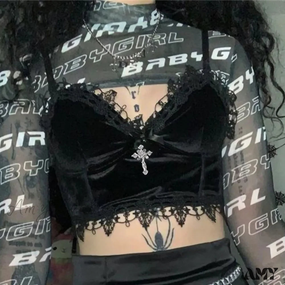 Crop Top Bandage Sleeveless Velvet Lace Gothic