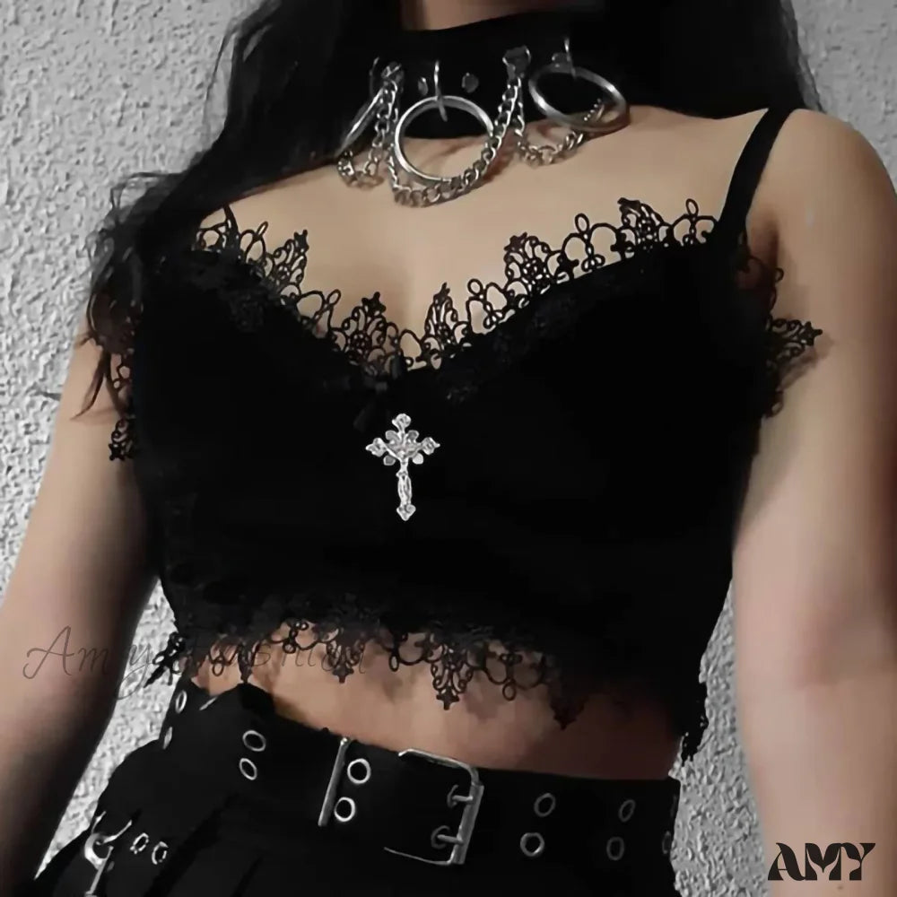 Crop Top Bandage Sleeveless Velvet Lace Gothic Black / S