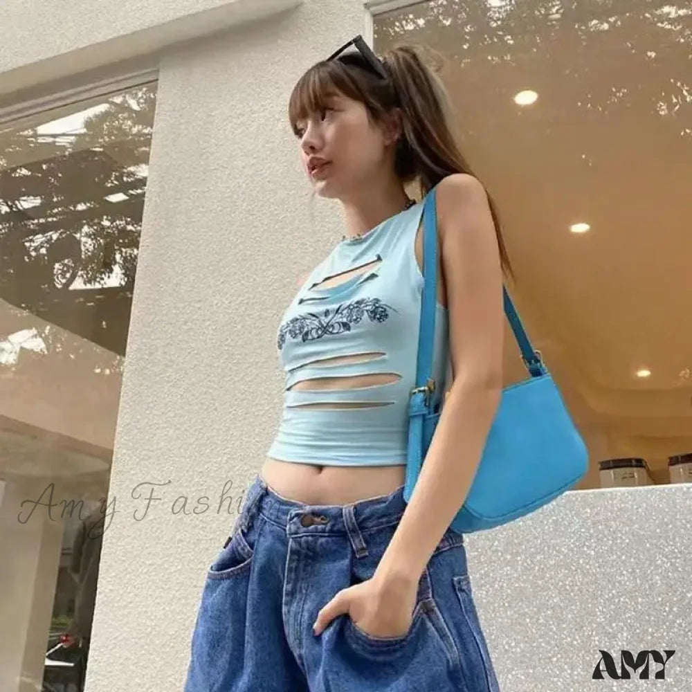 Crop Top Grunge Goth Sexy Harajuku Out Mall Hollow Aesthetics Y2K Fairycore Blue / S