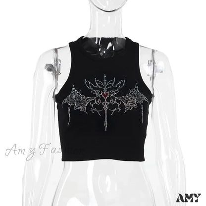 Crop Y2K Graphic Rhinestone Vintage Fairy Grunge Top Black / S