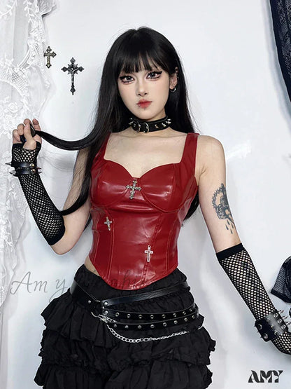 Cross Leather Grunge Crop Gothic Top Punk Corset Red / Xs