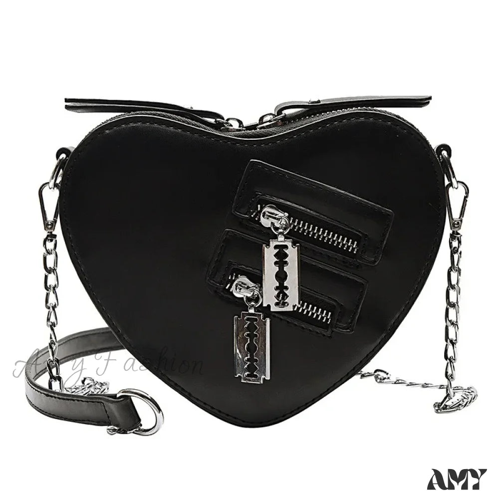 Crossbody Bag Zipper Shoulder Blade Summer Handbag Casual Chain Heart Gothic Black