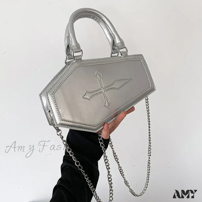 Crossbody Handle Shape Bag Top Cosmetic Capacity Pu Coffin Travel Large Phone Shoulder Silver