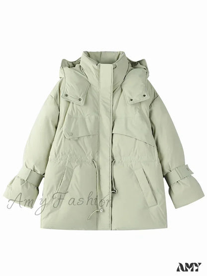 Curved Brim Hooded Belly Drawstring Warm Regular Down Coat