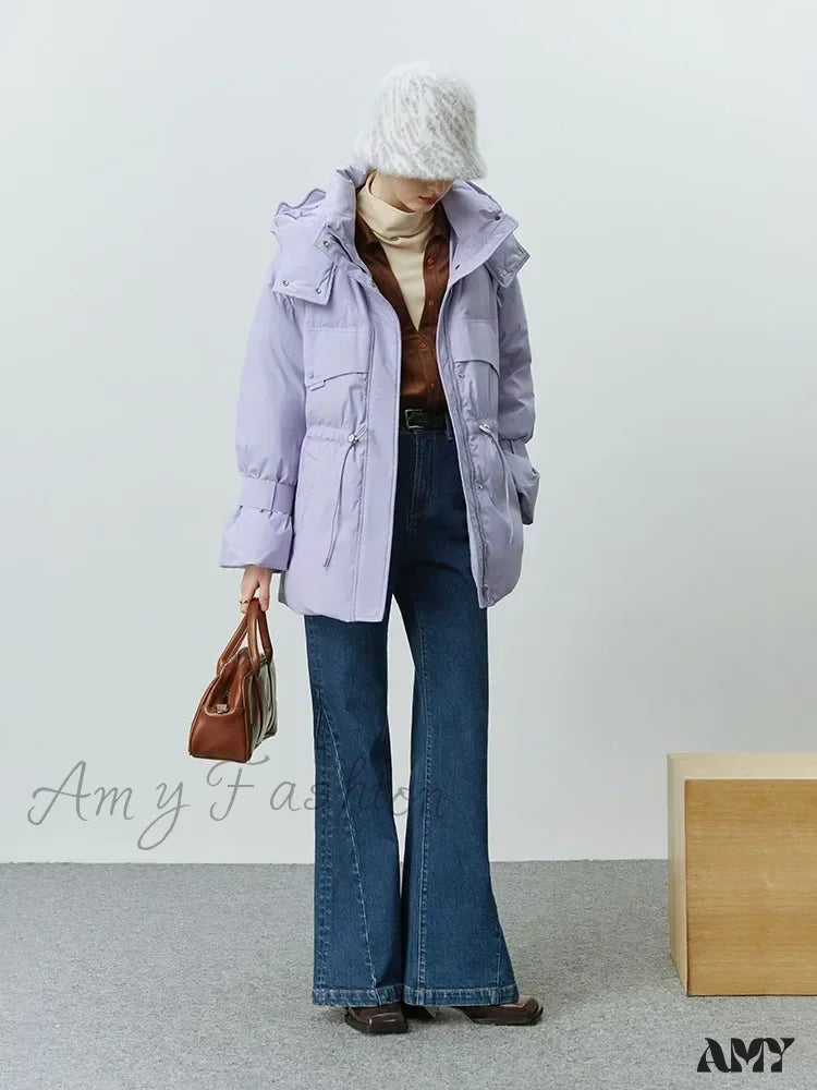 Curved Brim Hooded Belly Drawstring Warm Regular Down Coat Purple / S