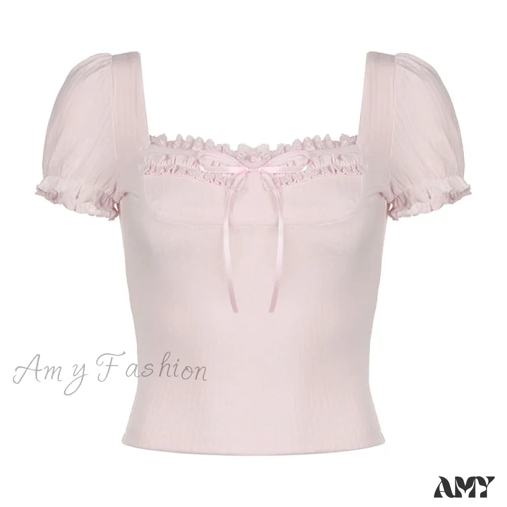 Cute Coquette Pink Kawaii Ruched Stitching Square Collar White Short Sleeve Y2K Crop Top / S