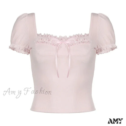 Cute Coquette Pink Kawaii Ruched Stitching Square Collar White Short Sleeve Y2K Crop Top / S