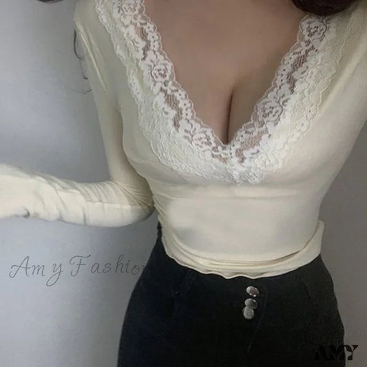 Cute Lace Trim Sexy V Neck Long Sleeve Skinny Crop Top