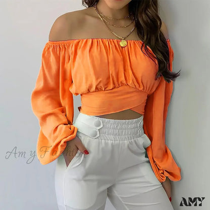 Cute Off Shoulder Long Sleeve Fashion Pure Color Crop Top