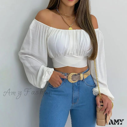 Cute Off Shoulder Long Sleeve Fashion Pure Color Crop Top