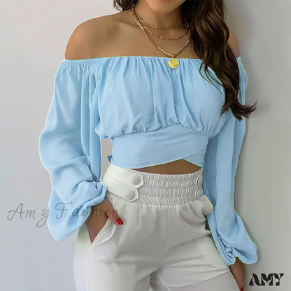 Cute Off Shoulder Long Sleeve Fashion Pure Color Crop Top Blue / S