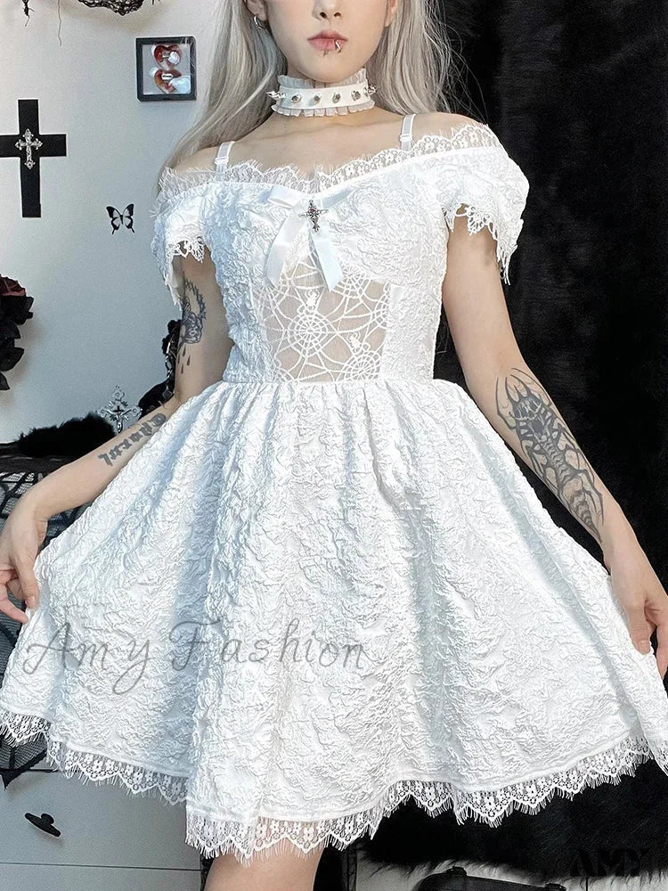 Cutouts Waist Prom One Aesthetic Strap Lace Clubwear Mini Grunge Party Shoulder A-Line Y2K High