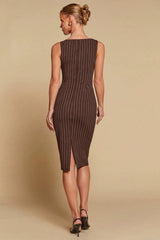 Striped Slit Waist Cinched Sleeveless Work Dress