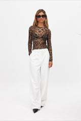 Leopard Print Mesh-Printed Slim Fitted Blouse