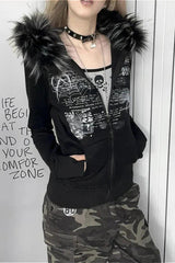 Y2K Faux Fur Collar Rhinestone Zip-Up Hoodie