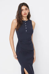 Twist Cinched Slit Sleeveless Chic Work Dress