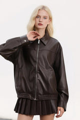 Faux Leather Collared Zip Casual Jacket