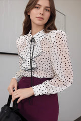Polka Dot Bow-Tie Long-Sleeve Chic Blouse