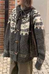 Retro Fair Isle Hooded Horn Button Loose Knit Cardigan