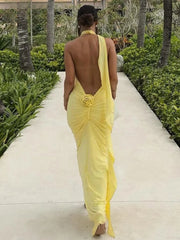 Halter Ribbon V-neck Maxi Floral Dress