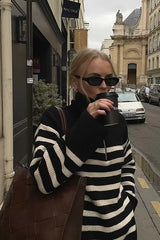 Laid-back Retro Lapel Half-zip Striped Sweater