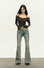 Ribbed Off-Shoulder Brown Knit Top