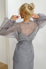 Sheer Mesh Puff-Sleeve Tie-Front Blouse