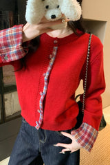 Red Plaid Contrast Round Neck Christmas Cardigan