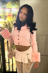 Fuzzy Paneled Lapel Cropped Long Sleeve Cardigan