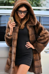 Faux Mink Fur Hooded Mid-Length Plus Size Loose Coat