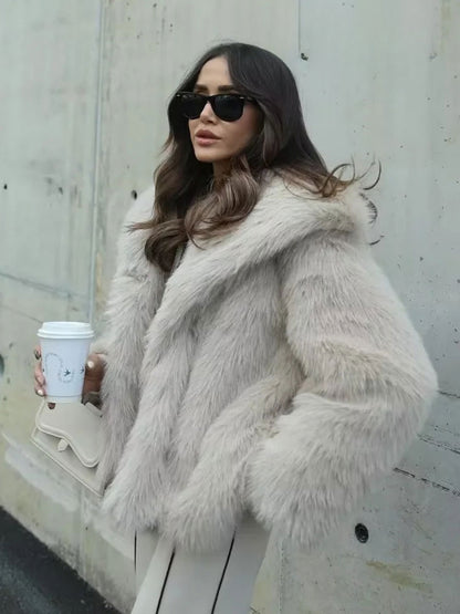 Fashion Faux Fur Cropped Autumn Winter Lapel Long Sleeve Thick Warm Chic Coat