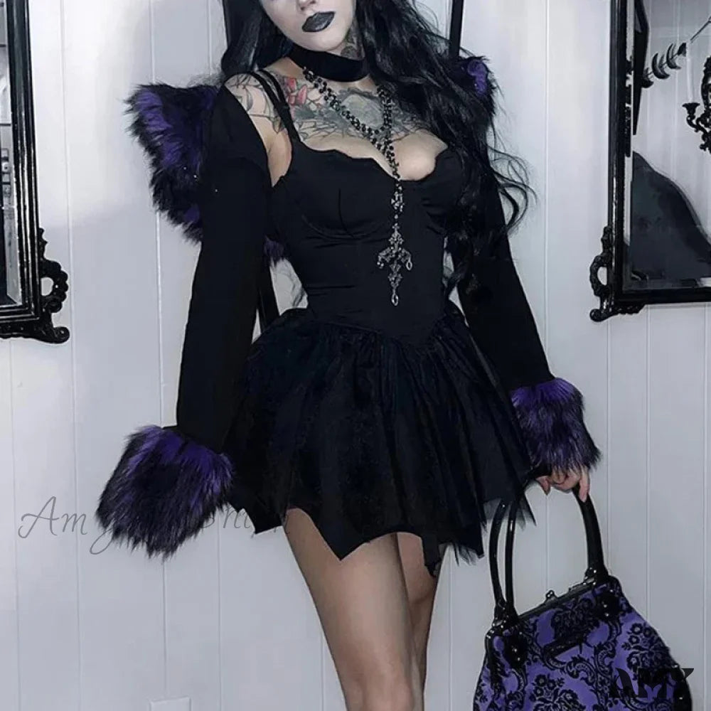 Dark Bat Mesh Hem Gothic Mini Faux Fur Neck Crop Sexy Alternative Cardigan