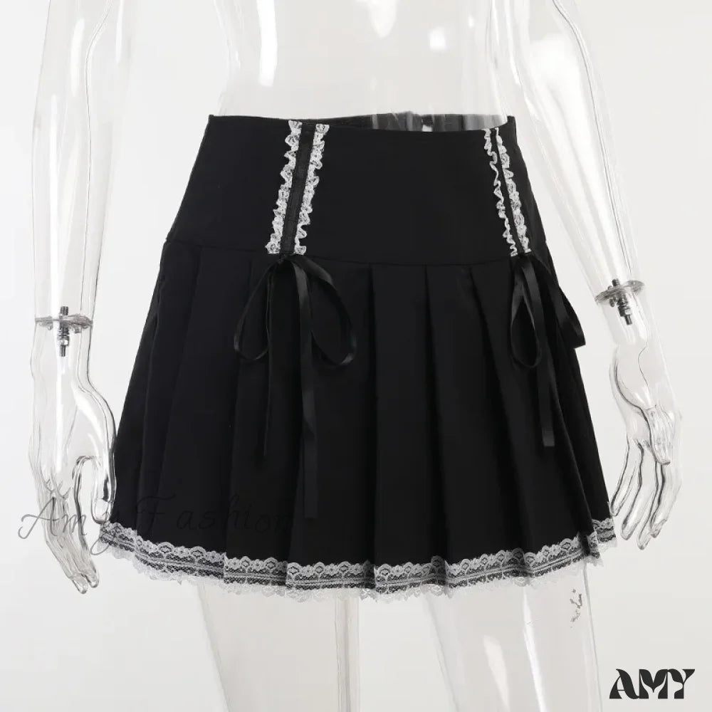 Dark Bust Harajuku Skirt Lolita Fashion Goth Wind Contrast Korean Black Lace Gothic Pleated Black /