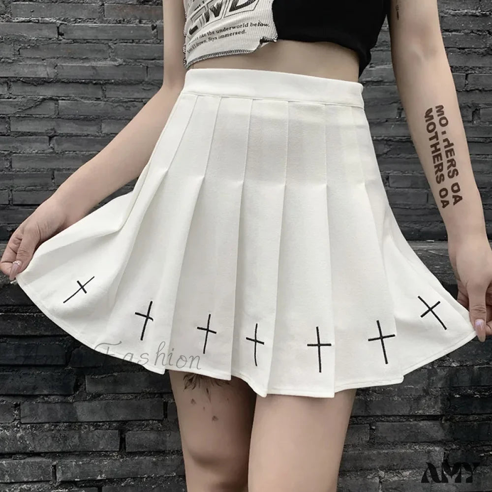 Dark Cross Pattern Style Women’s Gothic High Mini Skirt Ladies Waist Pleated