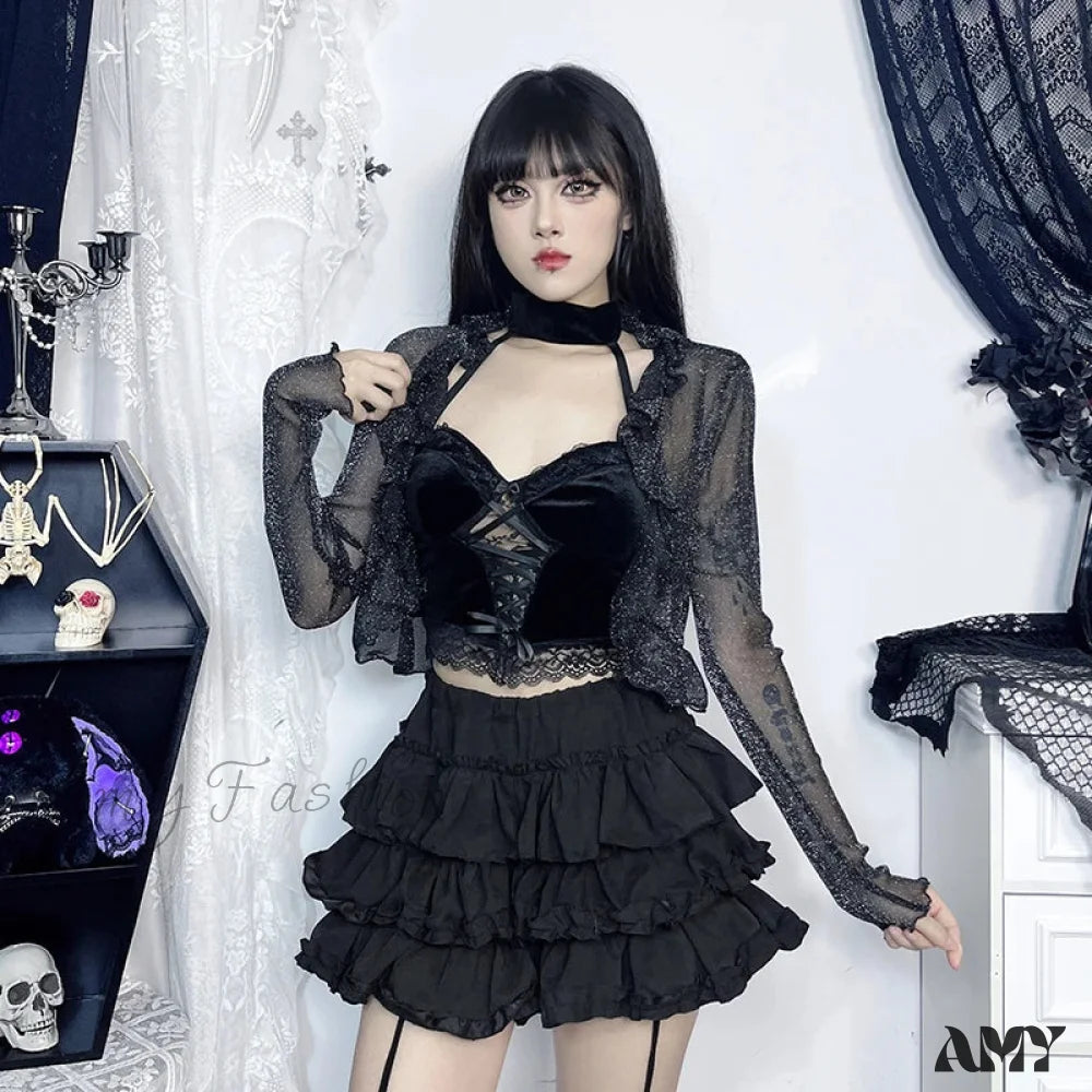 Dark Fairycore Glitter Elegant Thin Gothic See-Through Ruched Crop Alternative Cardigan