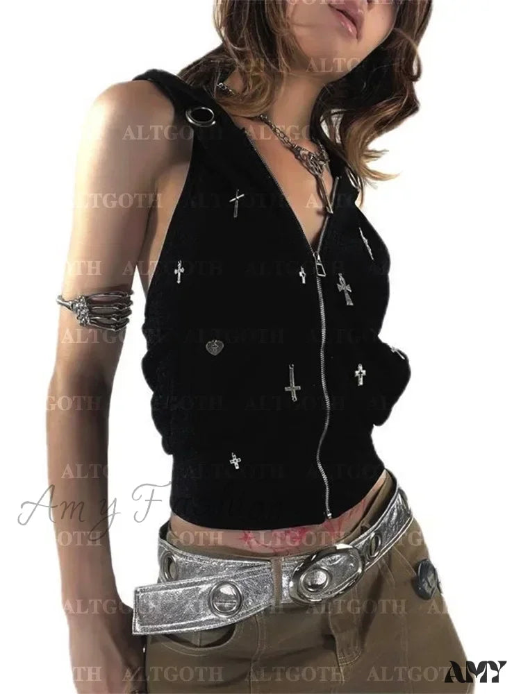 Dark Hooded Vest Grunge Alt Gothic Streetwear Cross Crop Top Cyberpunk